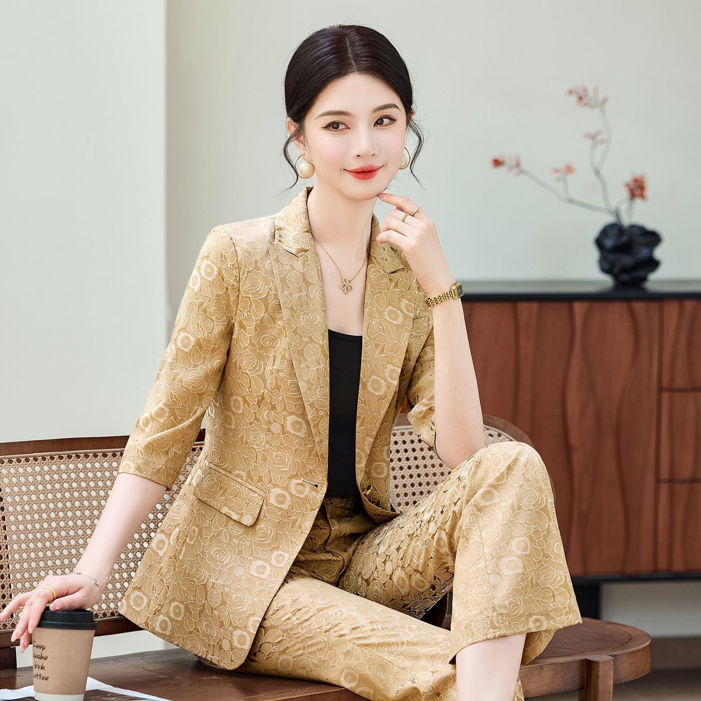Women Formal Wear Office - 패션 살구색 반팔 전문직 정장 여성