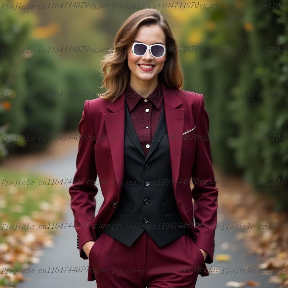 Blazer Set Women Formal - 버건디와 블랙 정장 여성 비즈니스 정장