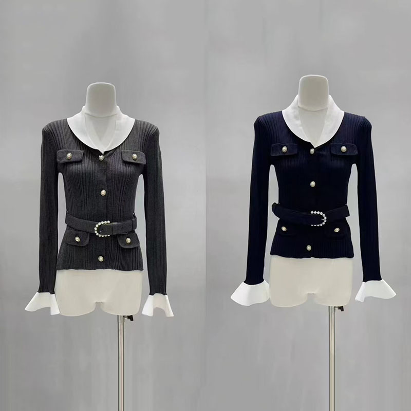 Women'S Formal Wear Cardigan - 대비되는 색상의 V넥 여성용 허리밴드 달린