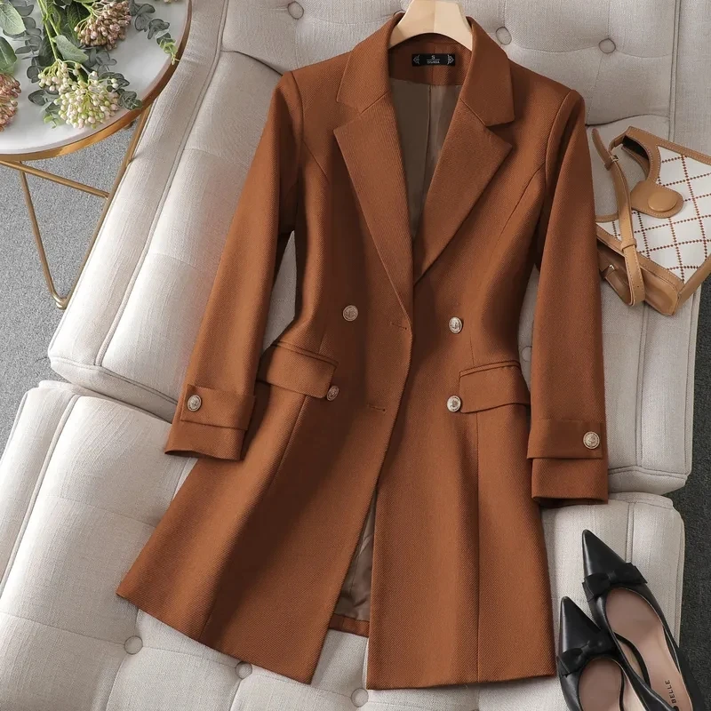 Women Formal Wear Office - 여성용 롱 블레이저 카키, 커피 블랙,
