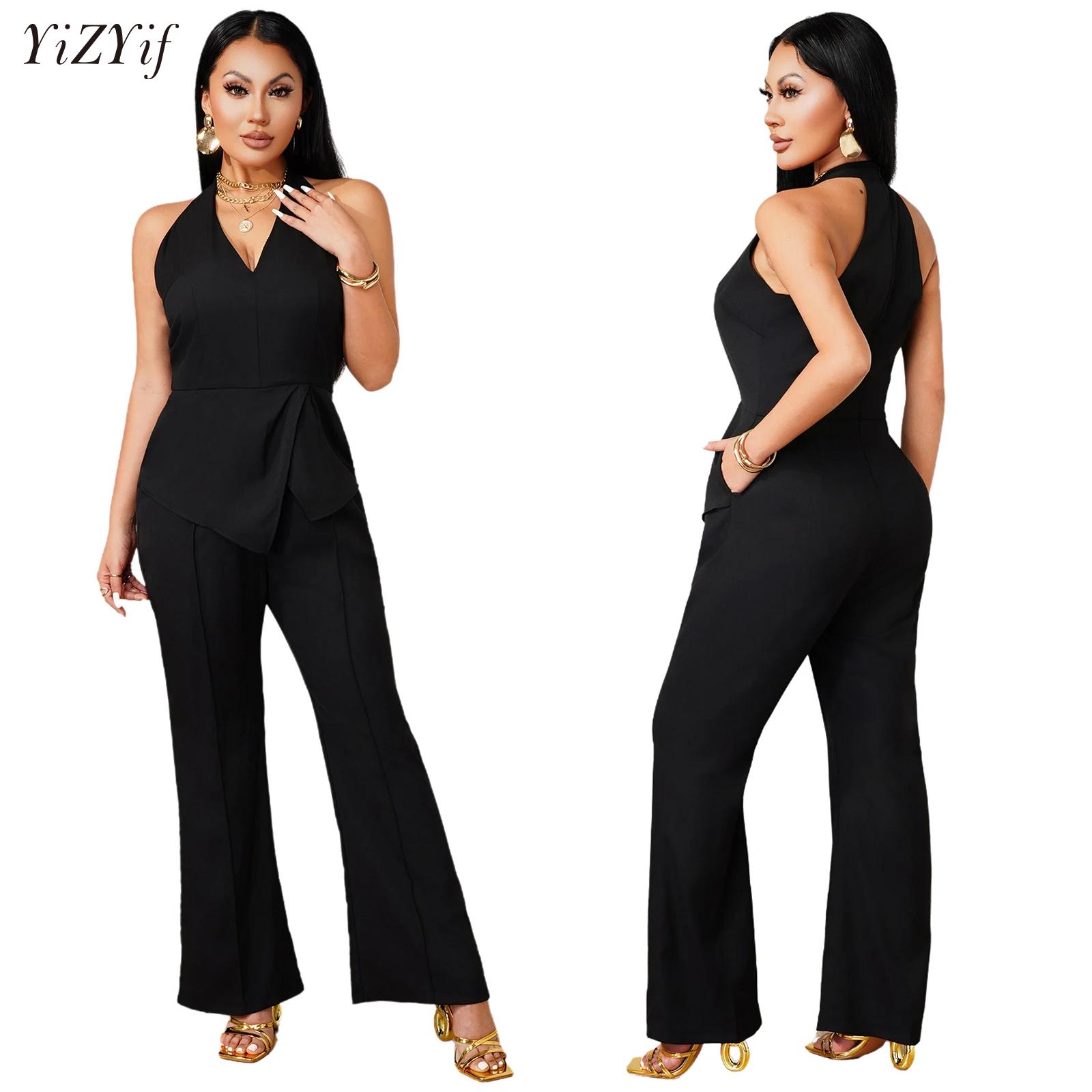 Women Formal Wear Pants - 슬리브리스 V넥 점프수트 비대칭 드레이핑 오버레이