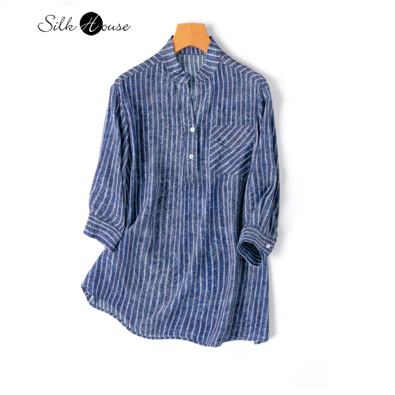 Silk Blouse Button - 100% 천연 뽕나무 실크 브이넥 셔츠,