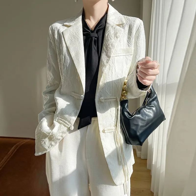 Women Formal Wear Office - 여성용 흰색 텍스처드 블레이저 재킷 노치드