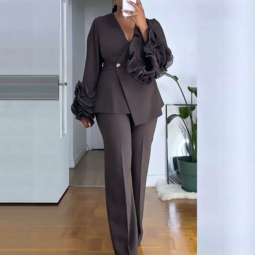 Women'S Formal Wear Suits - 여성용 2피스 팬츠 슈트 딥-V 러플