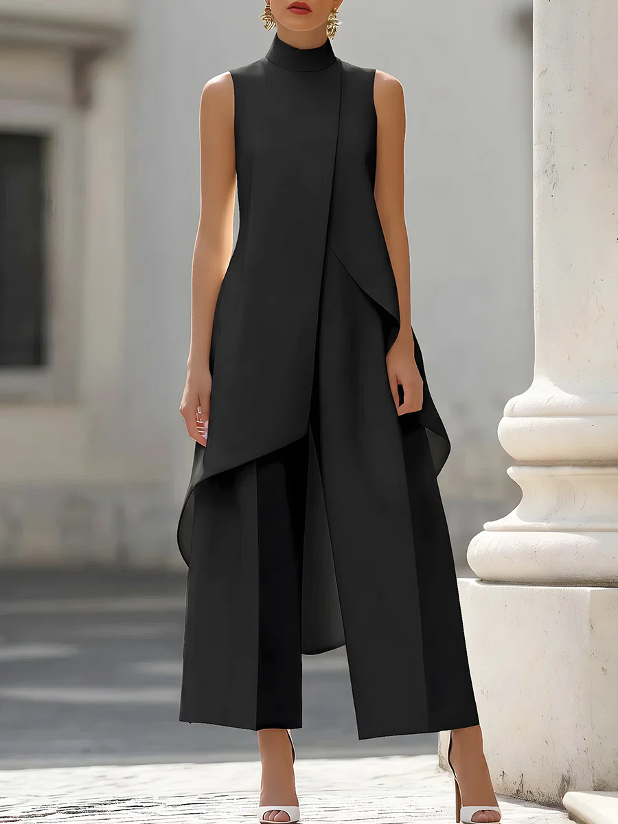Women Formal Wear Pants - 슬리브리스 하이넥 비대칭 오버레이 점프수트 와이드