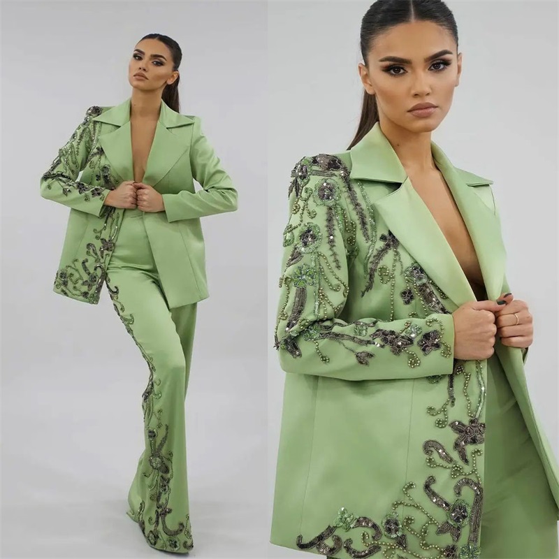 Women Luxury Formal Wear - 디자이너 그린 새틴 여성용 정장 세트,