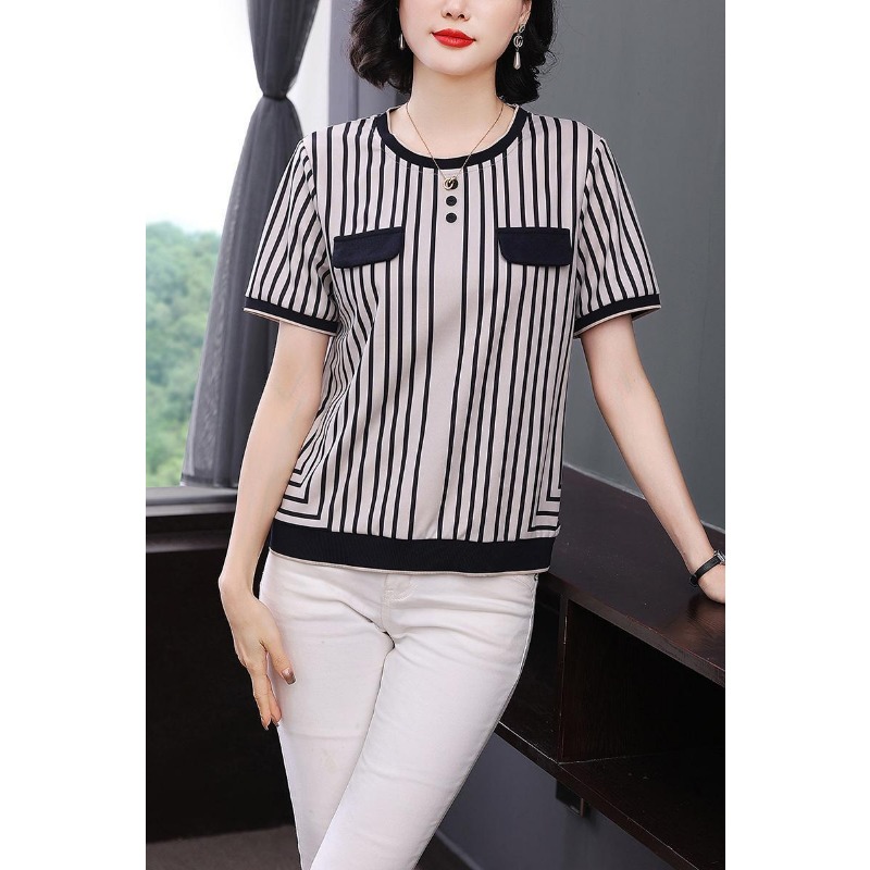 Silk Blouse Button - 여성용 스트라이프 아이스 실크 티셔츠 반팔
