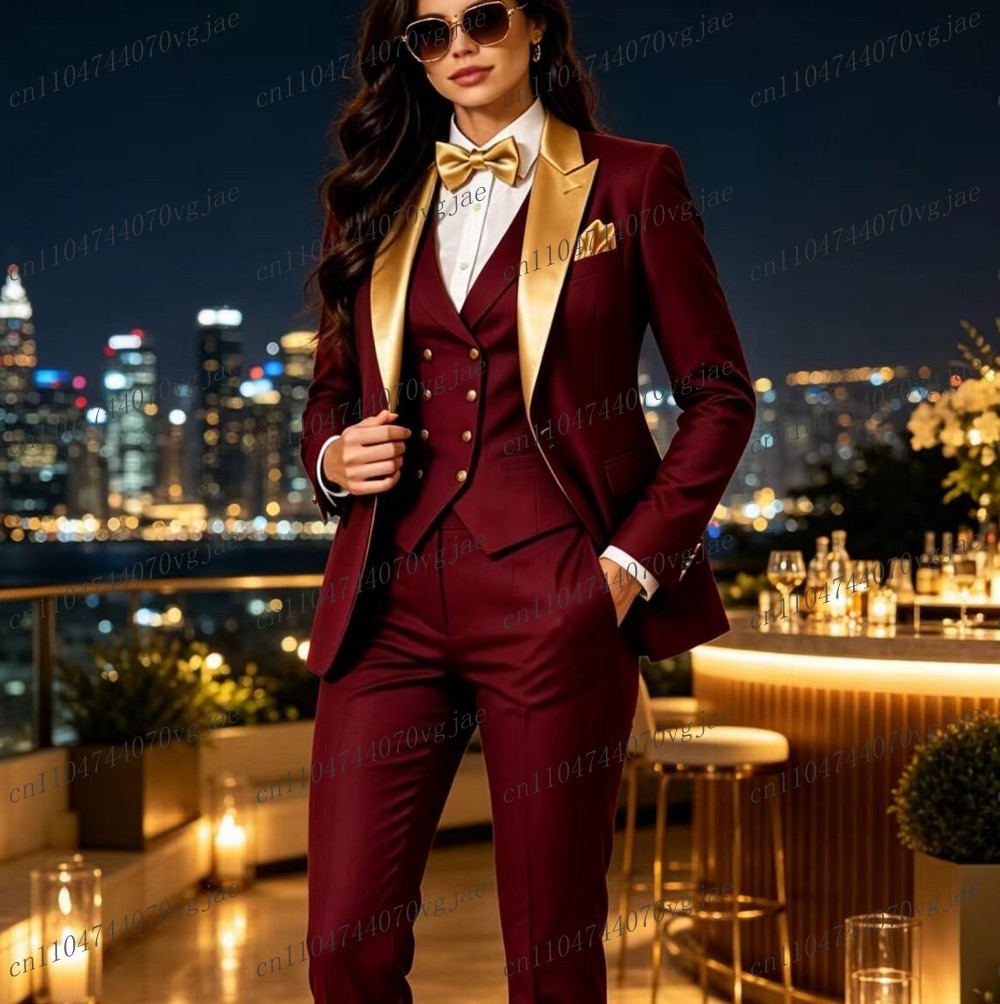 골드 칼라와 버건디색 정장 비즈니스 여성 수트 웨딩 파 - Blazer Set Women Formal 리뷰 및 가격