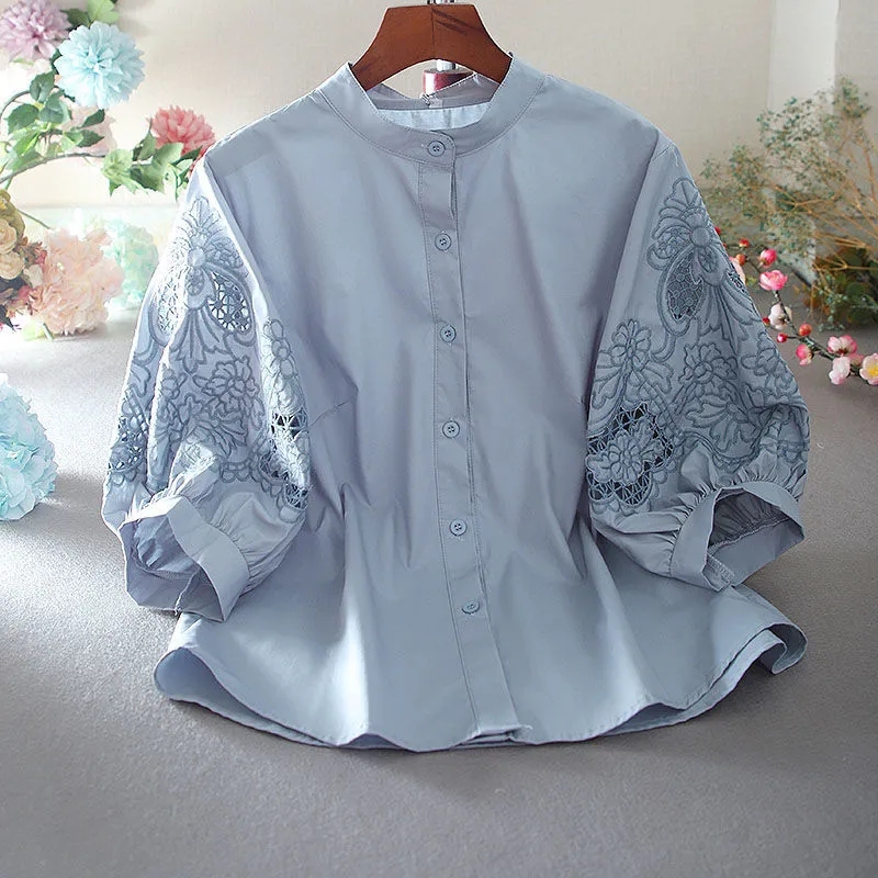 2025 순면 스탠드업 칼라, 할로우 아웃 자수 셔츠, - Women'S Formal Wear Suits 리뷰 및 가격
