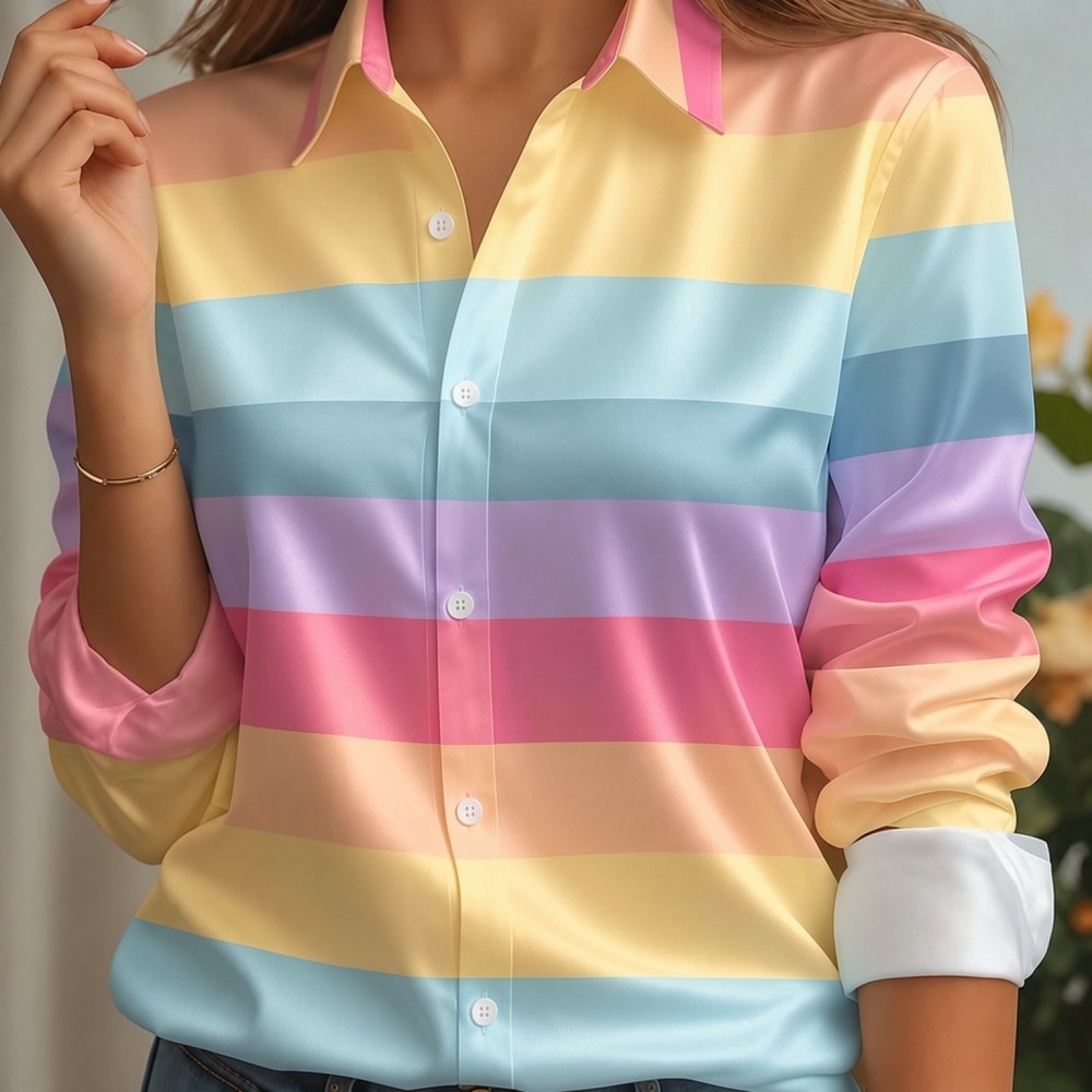 여성용 새틴 라펠 칼라 셔츠 파스텔 스트라이프 프린트  - Silk Blouse Button 리뷰 및 가격