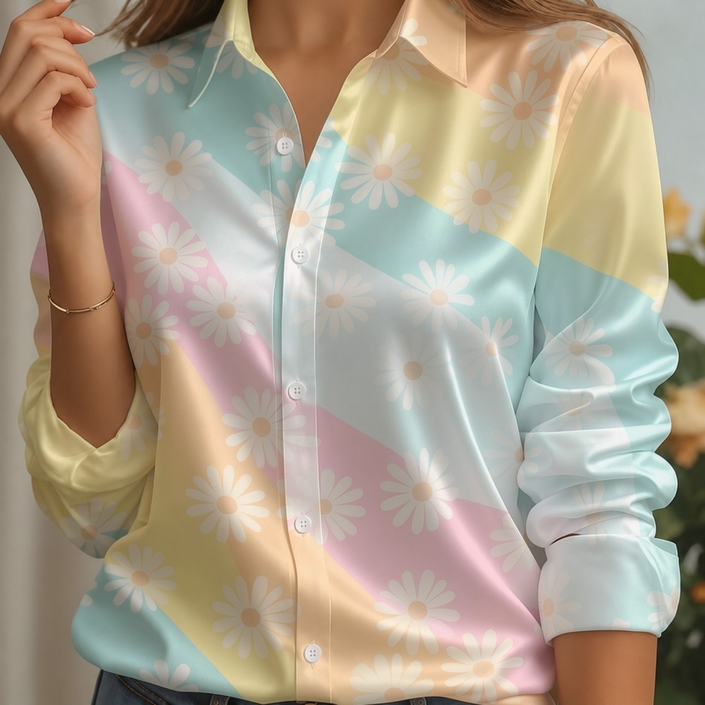 여성용 새틴 라펠 칼라 셔츠 파스텔 스트라이프 프린트  - Silk Blouse Button 리뷰 및 가격