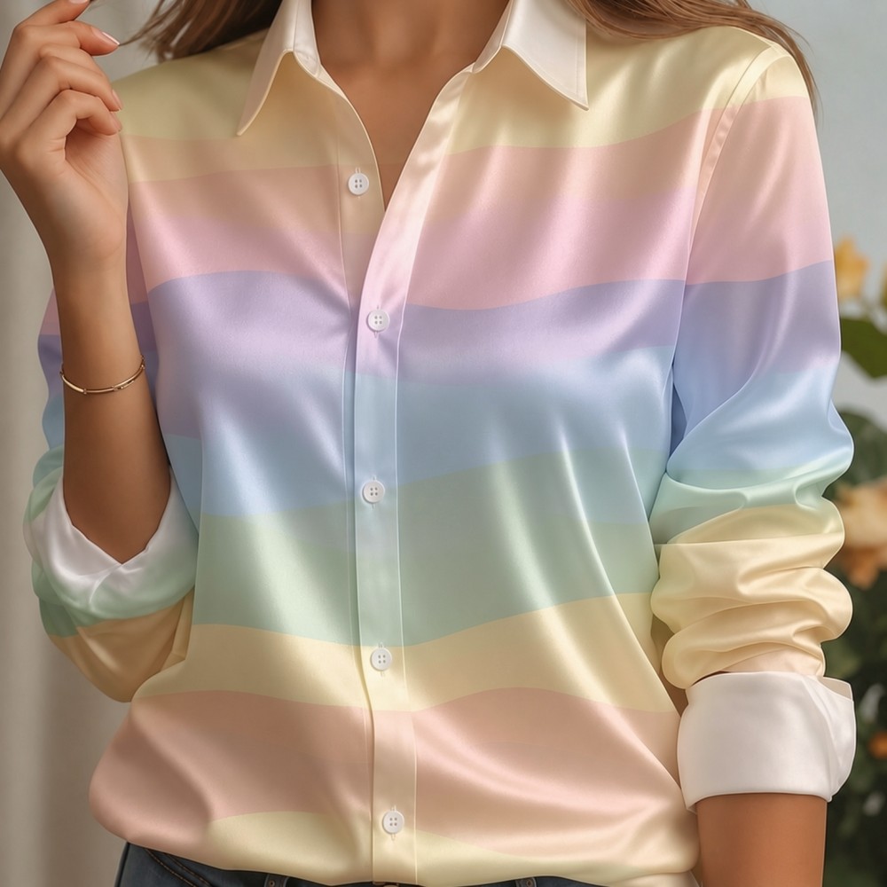 여성용 새틴 라펠 칼라 셔츠 파스텔 스트라이프 프린트  - Silk Blouse Button 리뷰 및 가격