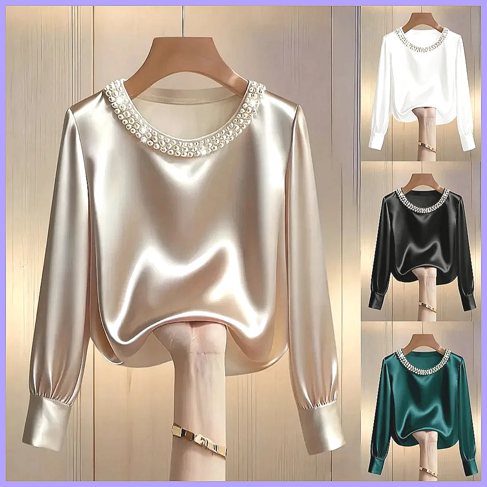 여성용 우아한 비즈 장식 새틴 블라우스, 루즈핏 긴소매 - Silk Blouse Button 리뷰 및 가격
