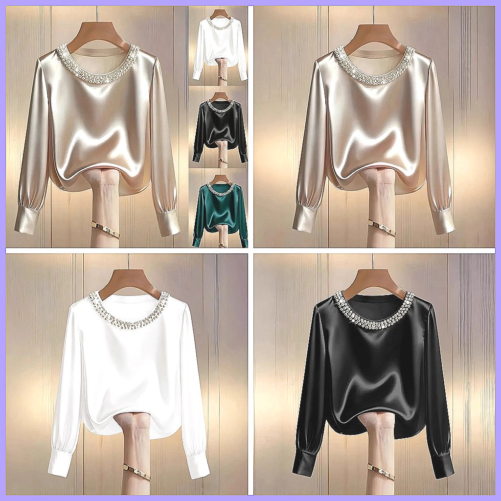 여성용 우아한 비즈 장식 새틴 블라우스, 루즈핏 긴소매 - Silk Blouse Button 리뷰 및 가격