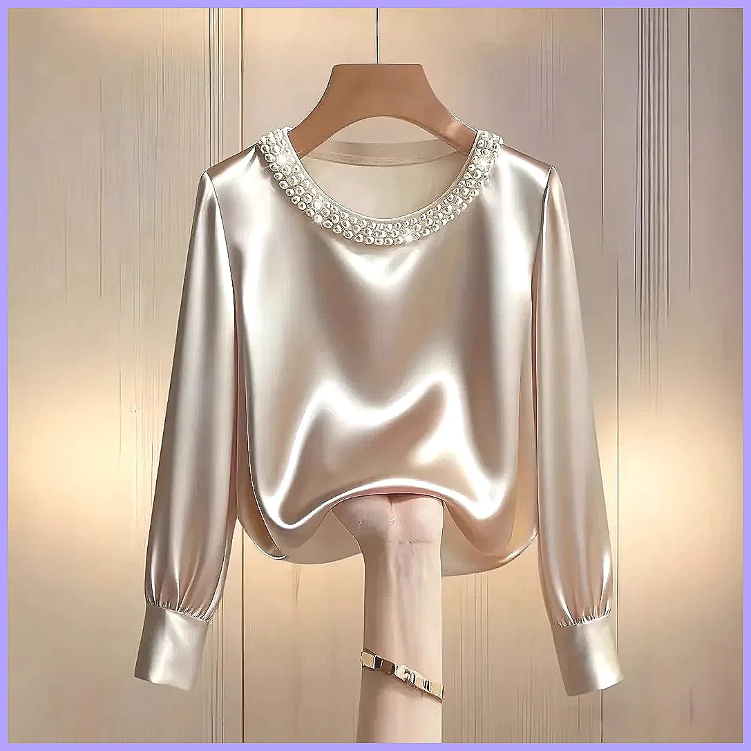 여성용 우아한 비즈 장식 새틴 블라우스, 루즈핏 긴소매 - Silk Blouse Button 리뷰 및 가격