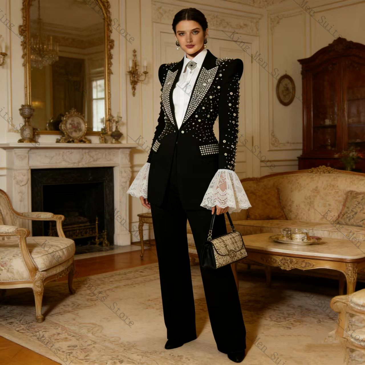 크리스탈 블랙 여성 정장 세트 2피스 블레이저+바지 고 - Women Luxury Formal Wear 리뷰 및 가격