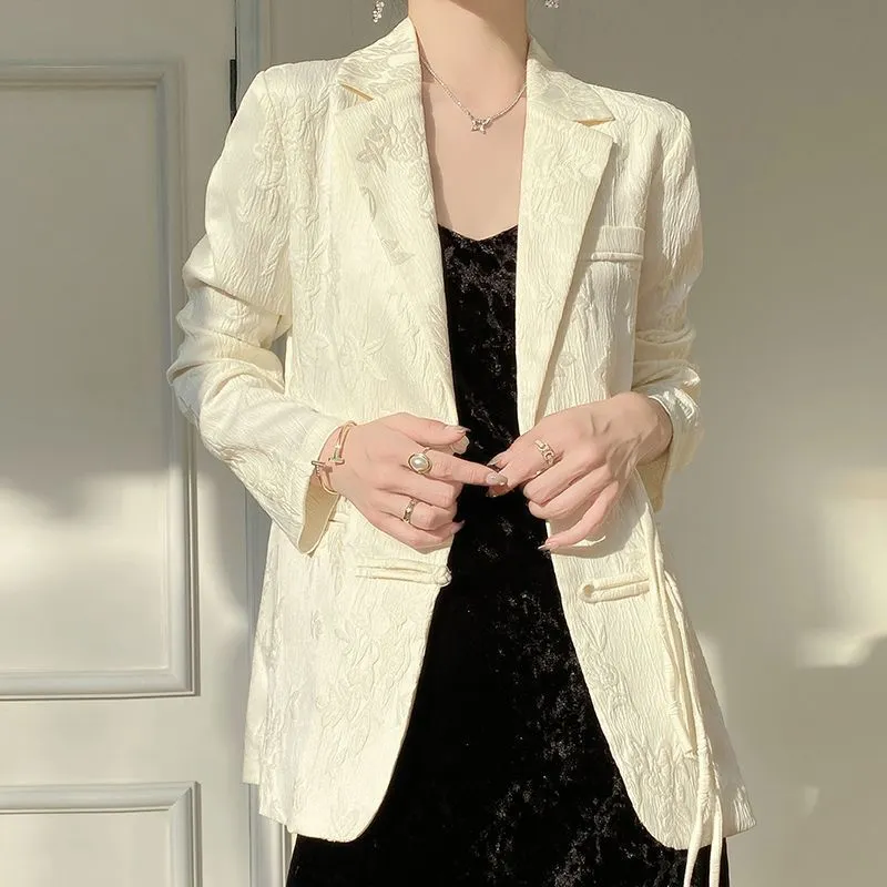 여성용 흰색 텍스처드 블레이저 재킷 노치드 라펠 싱글  - Women Formal Wear Office 리뷰 및 가격