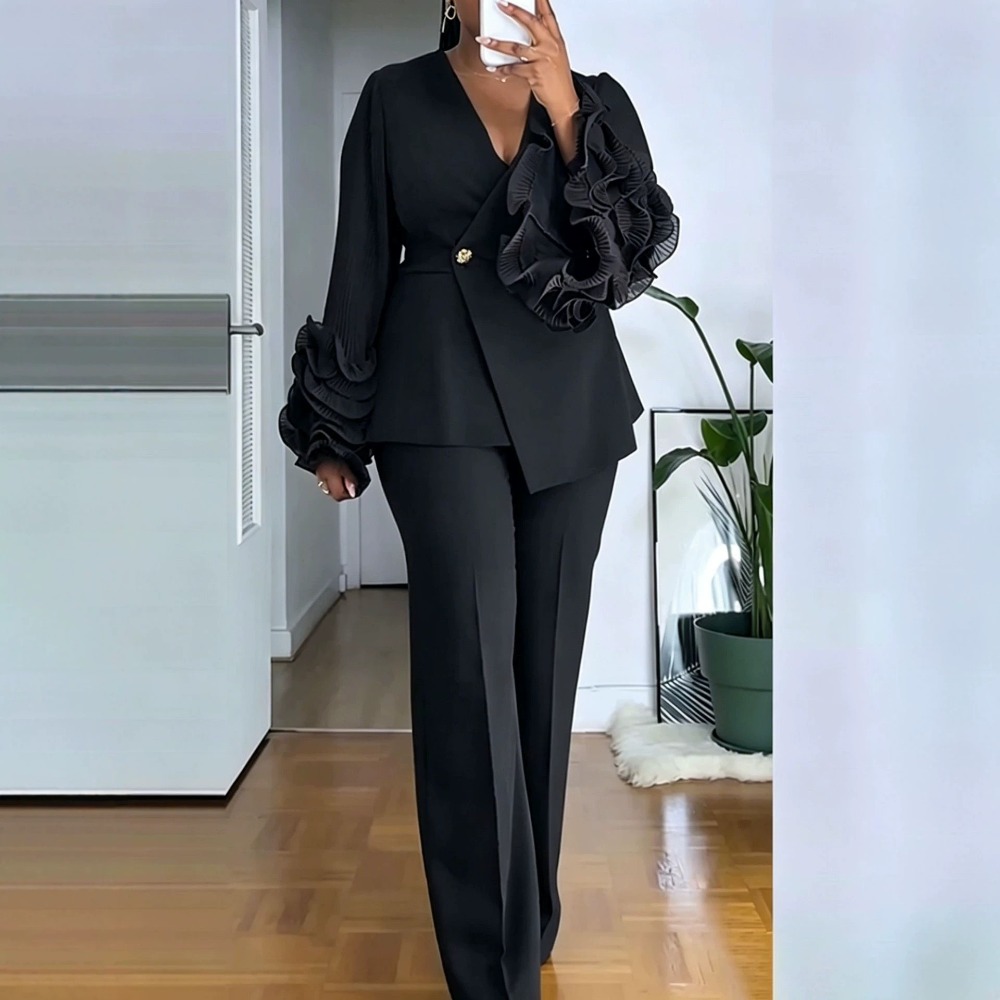 여성용 2피스 팬츠 슈트 딥-V 러플 긴소매 블레이저  - Women'S Formal Wear Suits 리뷰 및 가격