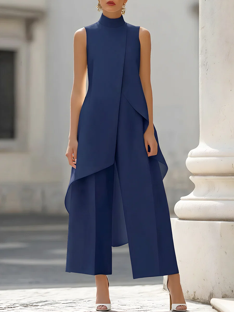 슬리브리스 하이넥 비대칭 오버레이 점프수트 와이드 레그 - Women Formal Wear Pants 리뷰 및 가격