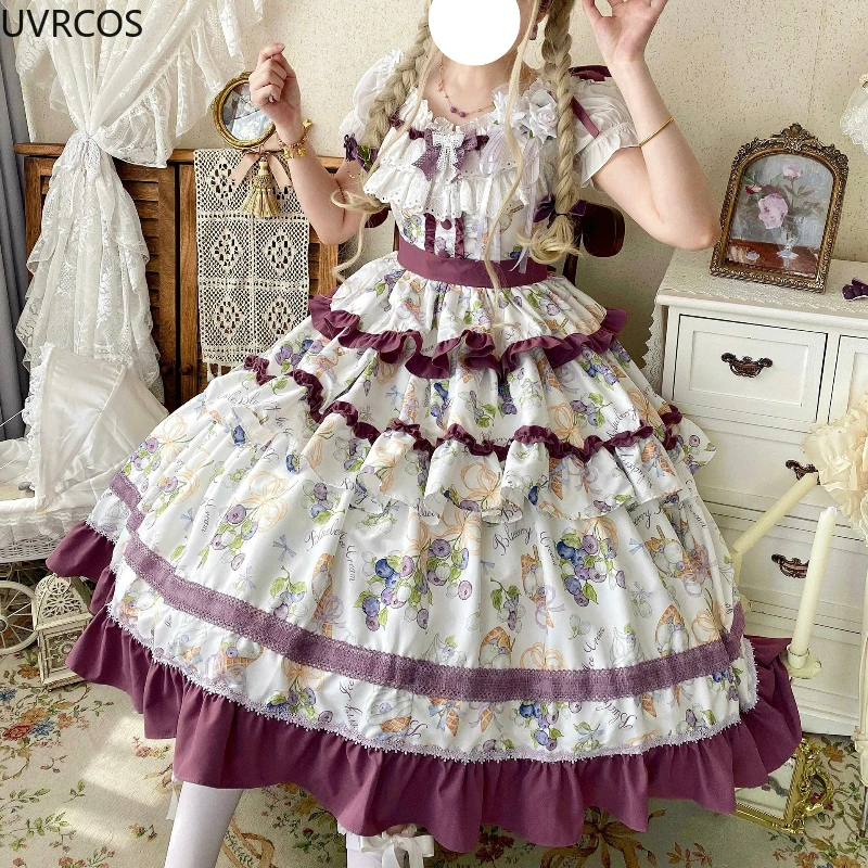 Kawaii 귀여운 포도 인쇄 프릴 보우 공주 드레스  - Victorian Women'S Formal Wear 리뷰 및 가격
