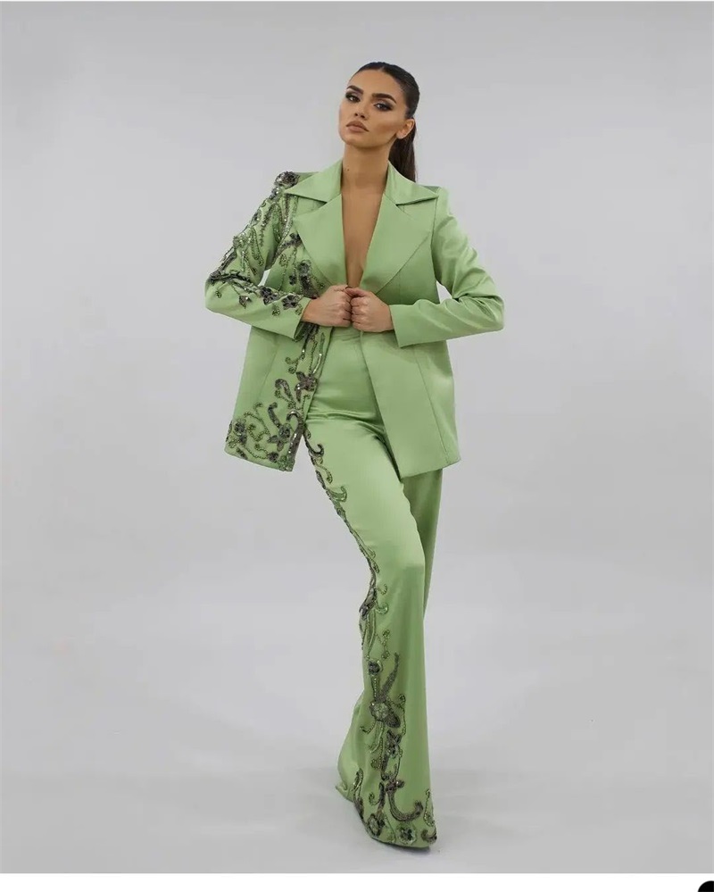 디자이너 그린 새틴 여성용 정장 세트, 럭셔리 비드 아 - Women Luxury Formal Wear 리뷰 및 가격