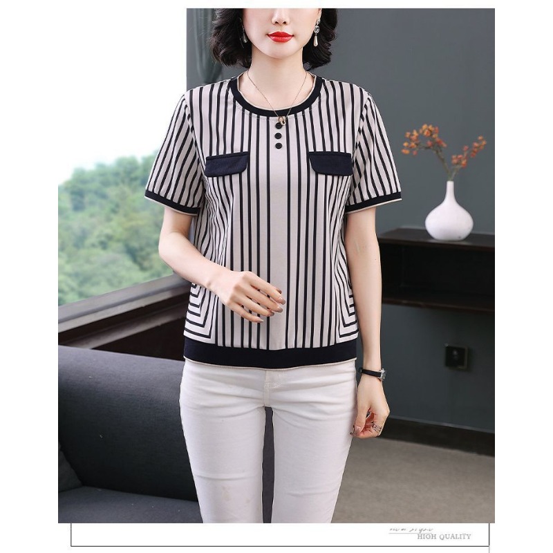 여성용 스트라이프 아이스 실크 티셔츠 반팔 캐주얼 루즈 - Silk Blouse Button 리뷰 및 가격